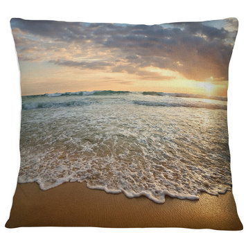 Bright Cloudy Sunset in Calm Ocean Seashore Throw Pillow, 16"x16"