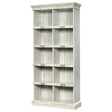 Tall Bookcase, Wooden Construction With 10 Open Compartments, White Plank