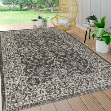 Palazzo Vine and Border Textured Weave Area Rug, Black and Gray, 7'9"x10'
