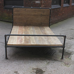 Amy Dark Steel Pipe & Reclaimed Industrial Scaffolding Board Double Bed Frame - Panel Beds