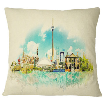 Toronto City Watercolor Cityscape Painting Throw Pillow, 18"x18"
