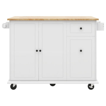 Rubberwood Kitchen Cart, Drop Leaf, Internal Storage Rack, and 2 Drawers, White