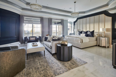 Example of a huge transitional master porcelain tile, beige floor, tray ceiling and wall paneling bedroom design in Toronto with multicolored walls