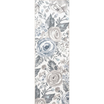 nuLOOM Tiffani Floral Machine Washable Spill Proof Rug, Light Grey 2' 6" x 6'