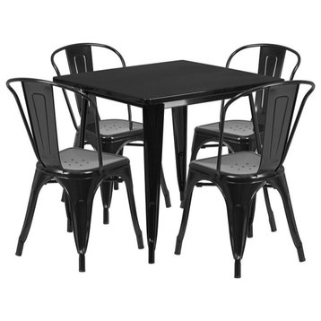 Commercial 31.5" Square Black Metal Indoor-Outdoor Table Set, 4 Stack Chairs