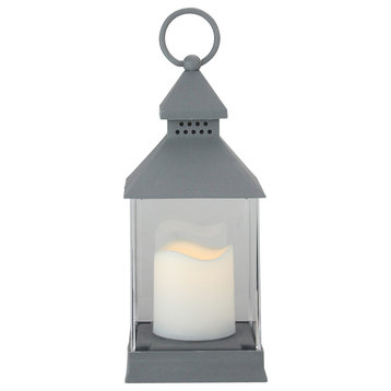 9.5" Dark Grey Candle Lantern With Flameless LED Candle
