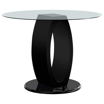 Modern Dining Table, O Shaped Pedestal Base With Round Tempered Glass Top, Black