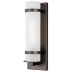 Generation Lighting Collection - Alban Small 1-Light Outdoor Wall Lantern, Antique Bronze - The Sea Gull Lighting Alban one light outdoor wall fixture in antique bronze creates a warm and inviting welcome presentation for your home's exterior. Alban has modern charm with a minimalist twist. Etched Opal Glass shades bring simplicity to any outdoor living space - whether it be a covered porch, deck, patio or walkway. This Modern outdoor wall fixture features a sturdy cast aluminum construction, two finish options and Opal Etched cylindrical or square glass shades.