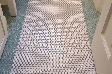Mid-sized transitional 3/4 mosaic tile floor bathroom photo in Milwaukee with shaker cabinets, white cabinets and yellow walls