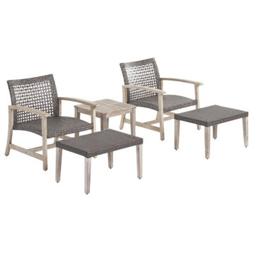 Savannah Outdoor 5-Piece Wicker Club Chair, Ottoman Set, Mixed Black, Light Gray Washed