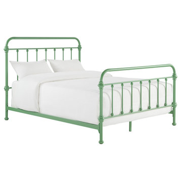 Solid Bed Frame, Spindle Accent Metal Construction, Meadow Green, Queen