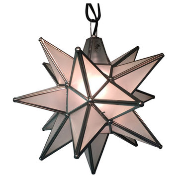 Moravian Star Light, Frosted Glass With Silver Trim, 15" Diameter, With Mount Ki