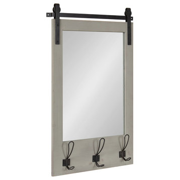 Cates Wood Framed Wall Mirror with Hooks, Gray, 18x28