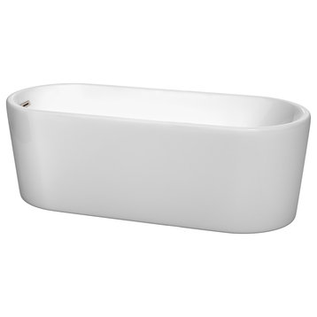 67" Freestanding Bathtub, White With Brushed Nickel Drain and Overflow Trim