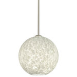 Besa Lighting - Besa Lighting 1TT-COCO1219-LED-SN Coco 12 - 11.75" 9W 1 LED Stem Pendant - The globe-shaped Coco is a blown glass with a neutral d�cor and classic shape that blends gracefully into all environments. Our Cocoon glass is a frosted glass with interesting threads of opaque white swirling throughout. This d�cor is full of textured and creates a point of interest to any room. When lit this glass features a dimensional effect from the whites lines that are interlaced at various levels.� The smooth satin finish on the clear outer layer is a result of an extensive etching process, with the texture of the subtle brushing. This blown glass is handcrafted by a skilled artisan, utilizing century-old techniques passed down from generation to generation. Each piece of this d�cor has its own artistic nature that can be individually appreciated The stem pendant fixture is equipped with an adjustable telescoping section, 4 connectable stem sections (3", 6", 12", and 18") and low Profile flat monopoint canopy. These stylish and functional luminaries are offered in a beautiful Satin Nickel finish.  No. of Rods: 4  Canopy Included: TRUE  Shade Included: TRUE  Cord Length: 120.00  Canopy Diameter: 5 x 5 x 0 Rod Length(s): 18.00  Eco-Friendly: TRUE  Color Temperaute:   Lumens:   CRI:   Rated Life: 30,000 HoursCoco 12 11.75" 9W 1 LED Stem Pendant Satin Nickel Carrera Glass *UL Approved: YES *Energy Star Qualified: n/a  *ADA Certified: n/a  *Number of Lights: Lamp: 1-*Wattage:9w LED bulb(s) *Bulb Included:Yes *Bulb Type:LED *Finish Type:Satin Nickel