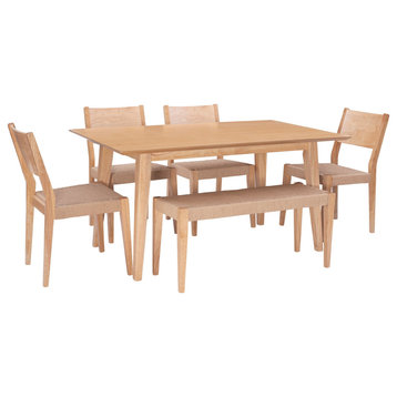 6 Pieces Retro Modern Dining Set, Woven Bench & Chairs With Angled Back, Natural