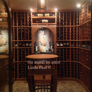 Custom Wine Cellar with French Bistro Tile Mural Backsplash