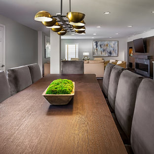 Design ideas for a large contemporary look-out basement in DC Metro with grey walls, dark hardwood flooring, a ribbon fireplace, a concrete fireplace surround and brown floors.