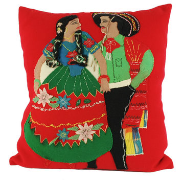 Consigned Vintage, Red Pillow With Mexican Applique