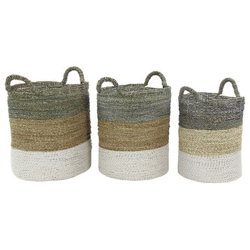 Set of 3 Multi Colored Sea Grass Contemporary Storage Basket, 16", 14", 12"