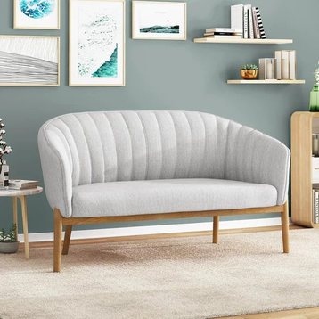 Mid Century Loveseat, Rubberwood Legs & Curved Channel Tufted Back, Mity Gray