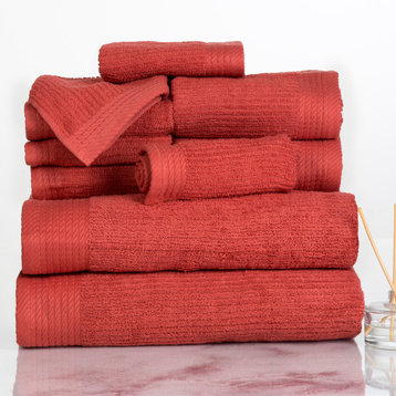 10-Piece Bath Towel Set 100% Cotton Ribbed Pile Absorbent Towels, Brick