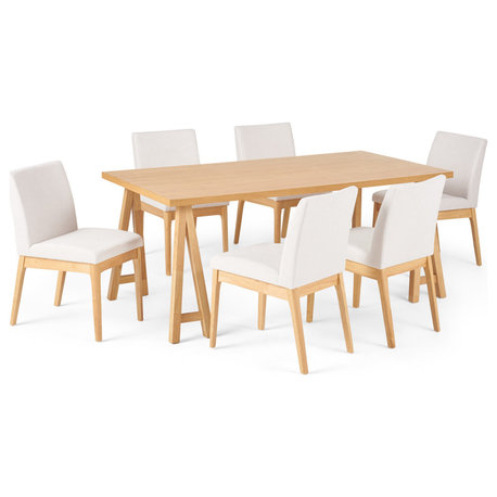 Dash Mid-Century Modern 7 Piece Dining Set, Natural Oak/Light Beige