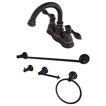 4" Centerset Bathroom Faucet w/4-Piece Bathroom Accessories, Naples Bronze