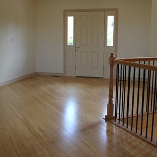 Example of a mid-sized classic light wood floor entryway design in Denver with white walls and a white front door