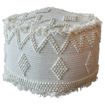 Tufted Soft Wool Ivory White Cube Ottoman, Bohemian Ikat Pouf Tribal Fringe