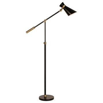 Rex Two-Tone/Height-Adjustable Floor Lamp with Metal Shade in Black/Brass/Black