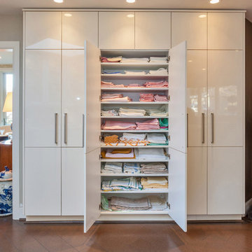 The sleek, contemporary wall unit offers ample storage.