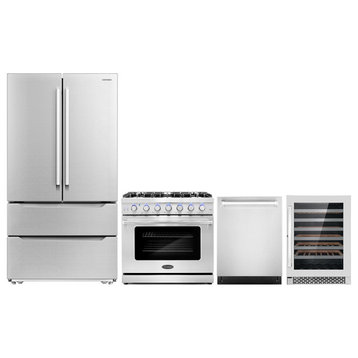 4 Piece, 36" Gas Range 24" Dishwasher, Refrigerator & Wine Refrigerator