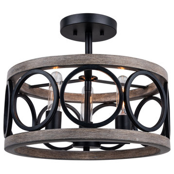 Luxury New-Traditional Ceiling Light, Matte Black and Gray Wood, ULB2130