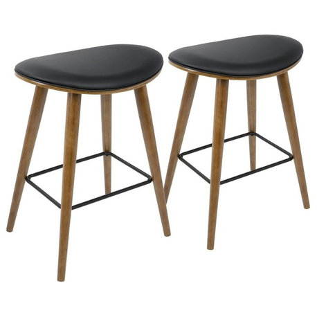 Saddle 26" Mid-Century Modern Counter Stools, Black PU Leather, Set of 2