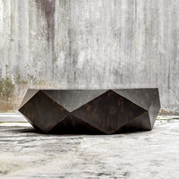 Faceted Large Round Wood Coffee Table, Modern Geometric Block Solid