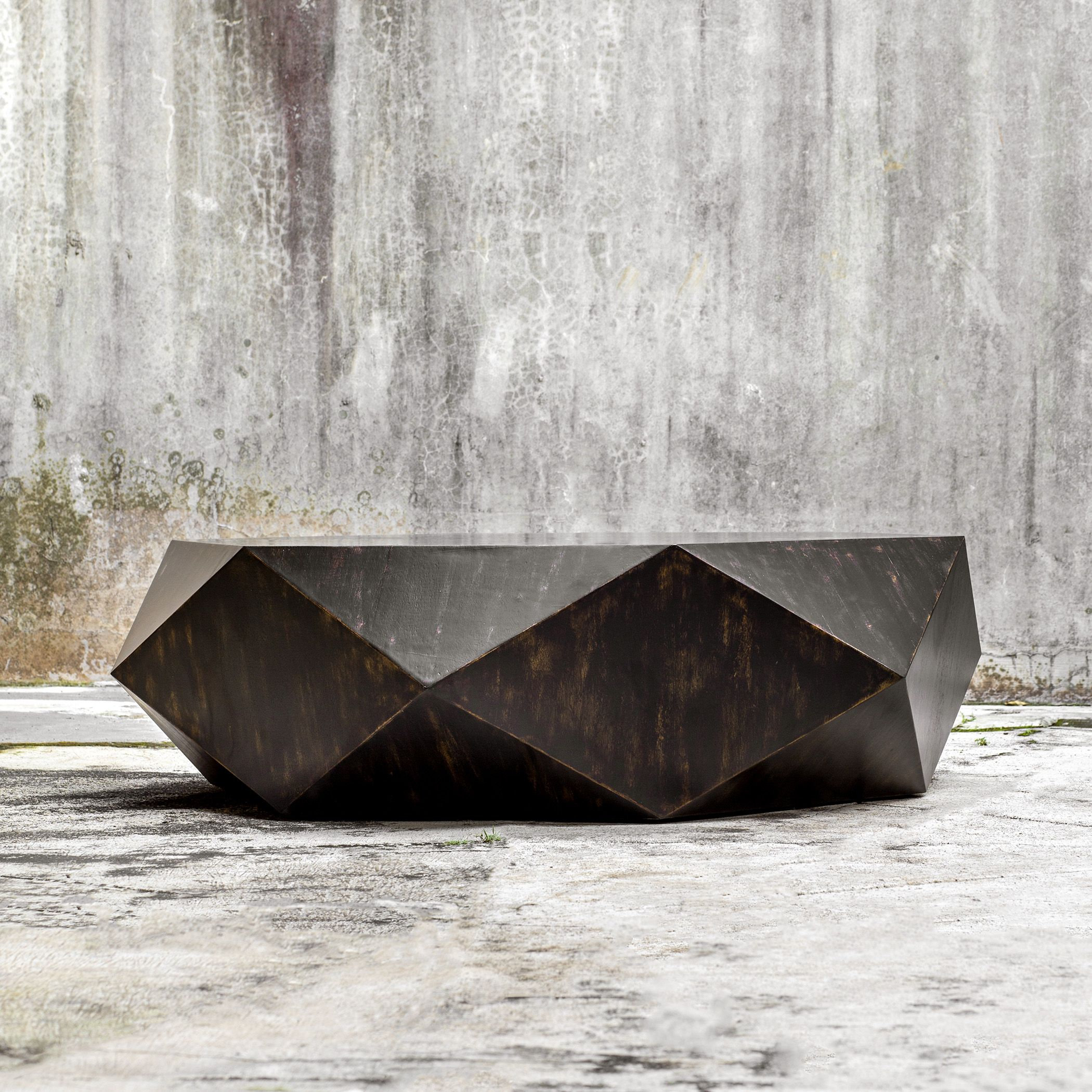 Faceted Large Round Wood Coffee Table, Modern Geometric Block Solid
