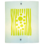 Dale Tiffany - Springdale Lennon Wall Sconce - UL Approved/ Dry/ Hardwire/ 1 x 7.5W LED Bulb Included/ Our designers take pride in being at the forefront of home design trends. As a result, we are pleased to present our Fused'art glass Collection Flush Mount fixtures. Each fixture features a fused glass bottom panel that is connected to the metal base by a mesh cage. Both base and mesh cage are finished in contemporary silver, which easily assimilates into any decor style. Styles are available in square and rectangular formats and in a variety of shade colors and patterns. All feature our innovative LED technology with a life expectancy of approximately 50,000 hours. The fixtures are perfect for kitchens, powder rooms, and bedrooms; you are limited only by your imagination. Our Lennon Flush Mount is a large rectangular fixture featuring a frosted fused glass background with an interesting geometric pattern in light green at the center. The combination of frosted white and light green will create a delicate, earthy glow when Lennon is lit.