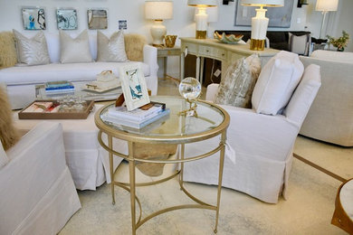 Example of a mid-sized transitional formal and open concept white floor living room design in New Orleans with white walls, no fireplace and no tv