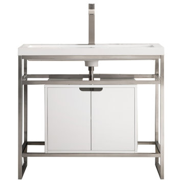39.5" SS Sink Console, Brushed Nickel W/ White Storage Vanity White  Countertop