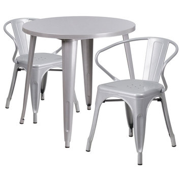 Flash Commercial Grade 30" Round Silver Metal Table Set with 2 Arm Chairs