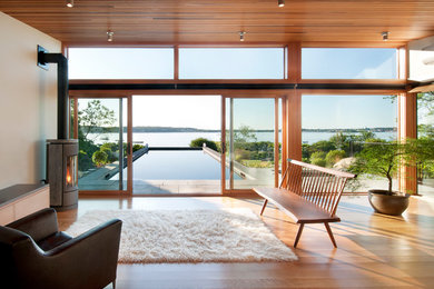 Inspiration for a modern light wood floor living room remodel in Boston with white walls