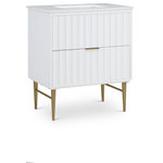 Meridian Furniture - Modernist Bathroom Vanity, 30" Wide, Brushed Gold Finish - Give your bathroom a fresh new look with this Modernist bathroom vanity. This 30-inch vanity features a strikingly rich white finish for a clean, contemporary aesthetic. Brushed gold stainless steel legs and handles add to its robust appearance, and a quartz top adds to its resilient beauty. A sink made from ceramic lends the vanity lasting performance. Store bathroom essentials close at hand in the convenient slide-out drawer located on the bottom of the unit.