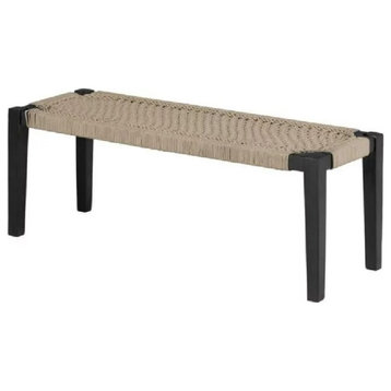 Bohemian Accent Bench, Sturdy Acacia Frame With Woven Rope Seat, Beige/Black