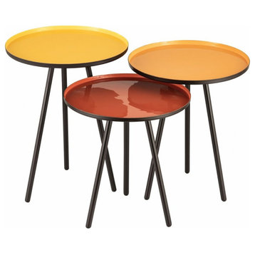 Set of 3 Modern Metal Top Accent Table in Yellow Orange and Red Enamel Iron