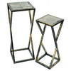Stone Top Plant Stand With Geometric Base, Set of 2, Black and Gray