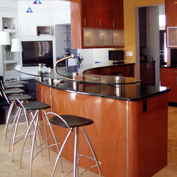 Curved glass eating counter with five stools