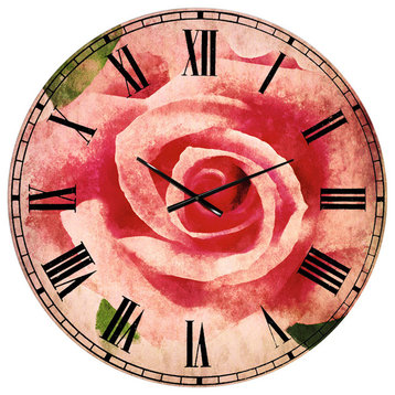 Big Pink Rose Flower With Leaves Floral Large Metal Wall Clock, 36x36