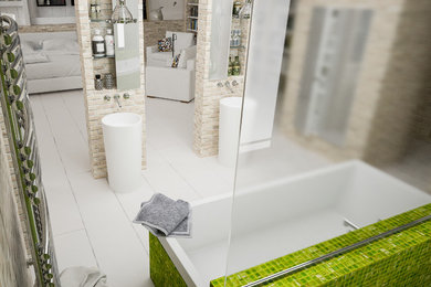 На фото: огромная главная ванная комната в стиле лофт с плоскими фасадами, белыми фасадами, ванной на ножках, открытым душем, зеленой плиткой, плиткой мозаикой, деревянным полом, раковиной с пьедесталом, столешницей из искусственного камня, белым полом и открытым душем с