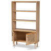 Saskia Mid-Century Modern Natural Brown Finished Wood and Rattan 2-Door Bookcase